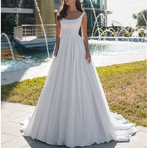 

A-Line Wedding Dresses Jewel Neck Sweep / Brush Train Satin Sleeveless Country Simple with Pleats 2022