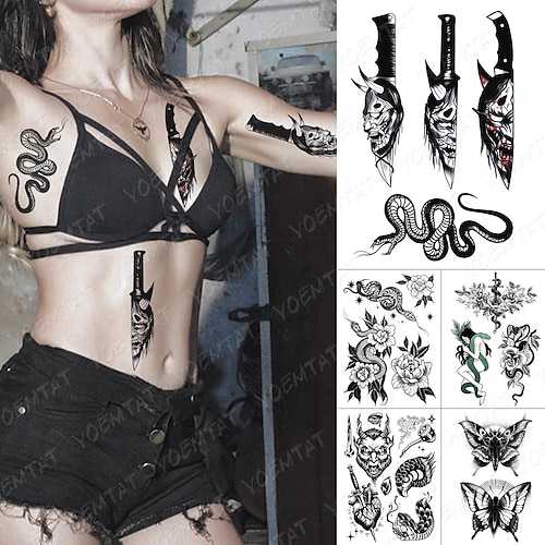 

5 Pcs Waterproof Temporary Tattoo Sticker Old School Prajna Demon Knife Fake Tattoos Snake Rose Body Art Arm Fake Tatoo Women Men