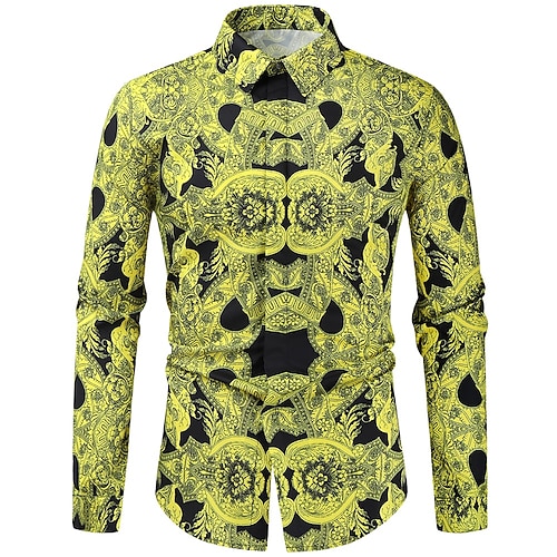 

Men's Shirt Geometric Classic Collar Party Casual Print Long Sleeve Tops Ethnic Style Casual Yellow