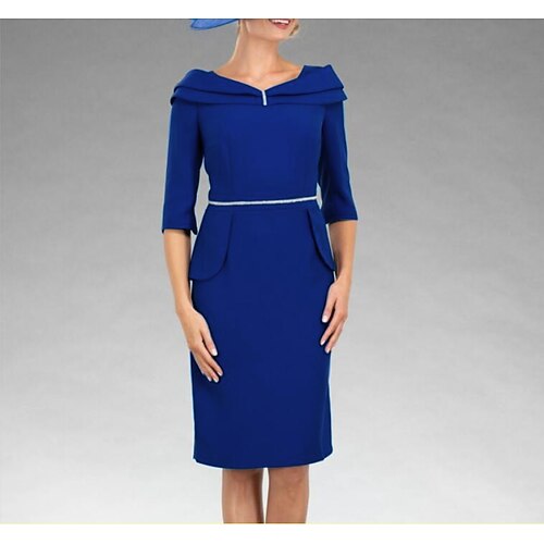 

Sheath / Column Mother of the Bride Dress Elegant V Neck Knee Length Stretch Fabric Half Sleeve with Sash / Ribbon 2022