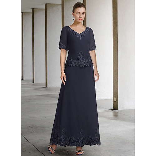 

A-linje Kjole til brudens mor Elegant V-hals Ankellengde Chiffon Blonder Kortermet med Appliqué 2023