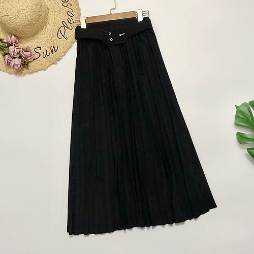 

Women's Skirt Midi Cotton Blend Green Pink Wine Khaki Skirts Summer Pleated Belt Included Without Lining Basic Streetwear Going out Weekend One-Size / Loose Fit