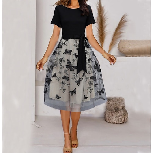 

Women's Casual Dress Midi Dress Black Short Sleeve Butterfly Layered Spring Summer Crew Neck Party M L XL XXL XXXL