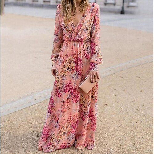 

Women's Swing Dress Maxi long Dress Pink Long Sleeve Floral Print Spring Summer Deep V Elegant Boho 2022 S M L XL XXL XXXL