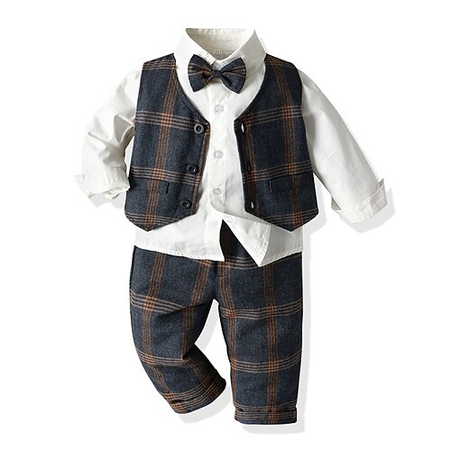 

3 Pieces Kids Boys Suit & Blazer Suit Vest Clothing Set Outfit Plaid Long Sleeve Bow Cotton Set School Cool Gentle Fall 3-6 Years Light gray Navy Blue