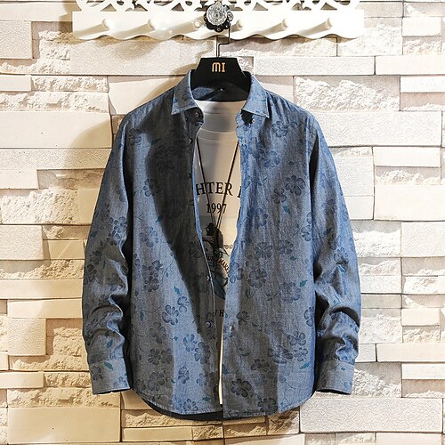 

Men's Shirt Jacket Shacket Overshirt Graphic Graphic Prints Standing Collar Blue Light Blue Daily Sports Long Sleeve Denim Button-Down Clothing Apparel Streetwear Simple Casual