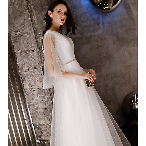 

A-Line Prom Dresses Glittering Dress Party Wear Floor Length Short Sleeve V Neck Tulle with 2022