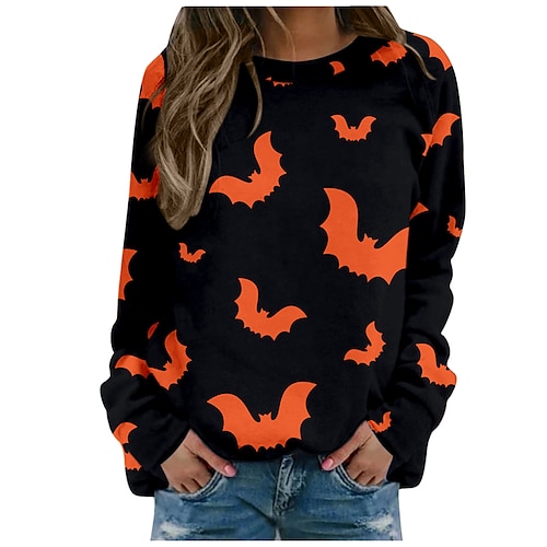 

Women's Sweatshirt Pullover Crew Neck Cat Bat Print Halloween Daily Weekend Streetwear Casual Clothing Apparel Hoodies Sweatshirts Black Purple