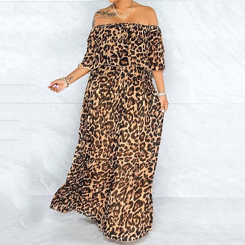 

abito da donna taglie forti a forma di mela leopardo con spalle scoperte mezza manica primavera estate casual maxi abito lungo casual abito quotidiano