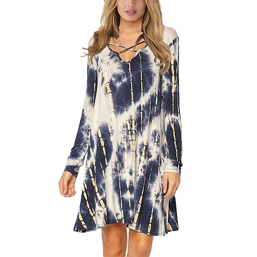 

Women's Shift Dress Short Mini Dress Black Purple Navy Blue Long Sleeve Tie Dye Print Fall Spring V Neck Casual 2022 S M L XL XXL 3XL
