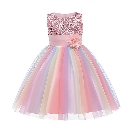 παιδικό κοριτσίστικο φόρεμα ουράνιο τόξο λουλούδι παγιέτες πάρτι πλισέ φιόγκο ροζ κόκκινο χαριτωμένα αμάνικα φορέματα μέχρι το γόνατο