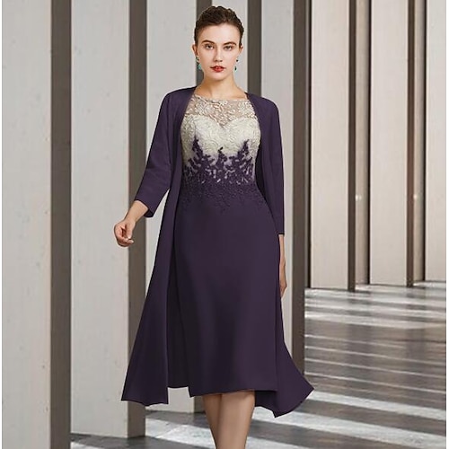 

Two Piece Sheath / Column Mother of the Bride Dress Elegant Jewel Neck Knee Length Chiffon Lace Short Sleeve with Beading Appliques Color Block 2022