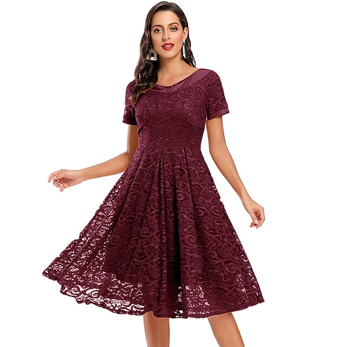 

A-Line Elegant Vintage Party Wear Cocktail Party Dress Jewel Neck Short Sleeve Knee Length Lace with Lace Insert 2022