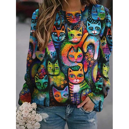 

Women's Sweatshirt Pullover Active Streetwear Print Blue Animal Daily Round Neck Long Sleeve S M L XL XXL 3XL
