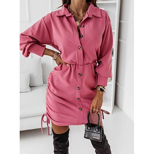 

Women's Shirt Dress Knee Length Dress Green Orange Red Long Sleeve Solid Color Patchwork Fall Shirt Collar Work Formal Casual S M L XL XXL