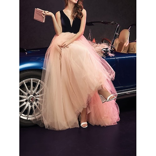 

A-Line Prom Dresses Color Block Dress Quinceanera Floor Length Sleeveless V Neck Tulle with Sleek Pleats 2022