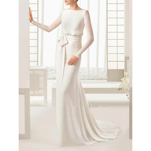 

Sheath / Column Wedding Dresses Bateau Neck Sweep / Brush Train Floor Length Satin Tulle Long Sleeve Simple Elegant with Bow(s) Buttons 2022