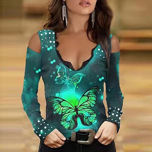 

Women's Blouse Shirt Green Blue Purple Animal Butterfly Cut Out Lace Trims Long Sleeve Daily Weekend Streetwear Casual V Neck Regular Butterfly S / Print