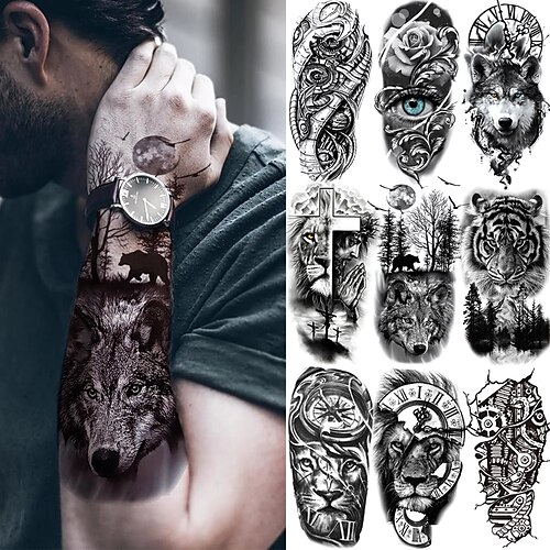 

9 pcs Black Forest Tattoo Sticker For Men Women Tiger Wolf Death Skull Temporary Tattoo Fake Henna Skeleton King Animal Tatoo