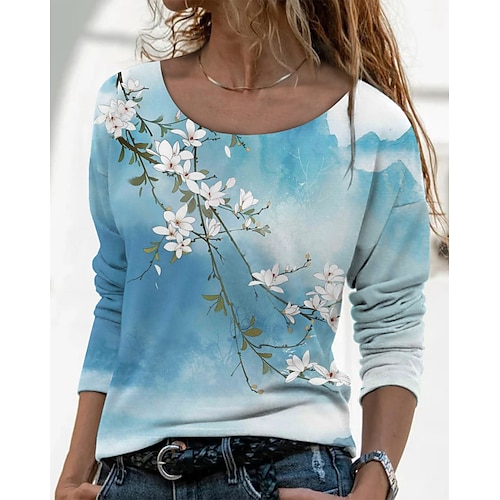 

Women's T shirt Tee Green Blue Purple Graphic Scenery Print Long Sleeve Going out Weekend Basic Round Neck Regular Floral Abstract Painting S / 3D Print