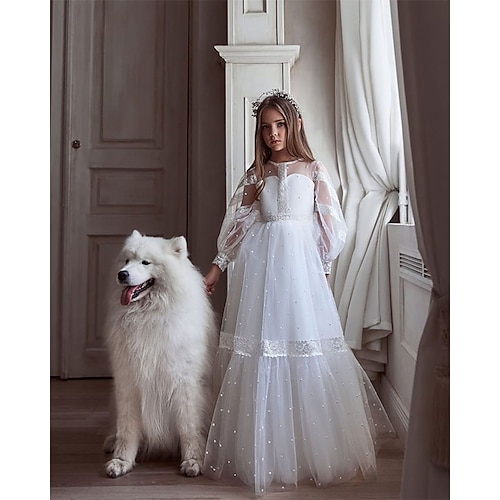 

Wedding Party A-Line Flower Girl Dresses Jewel Neck Floor Length Chiffon Tulle Winter Fall with Appliques Pure Color Cute Girls' Party Dress Fit 3-16 Years