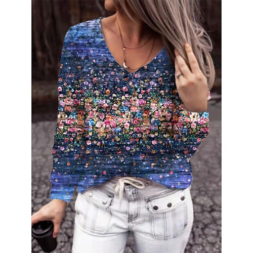 

T shirt Tee Femme Jaune Rose Claire bleu marine Fleur Imprimer manche longue Casual Fin de semaine basique Col V Normal Standard S