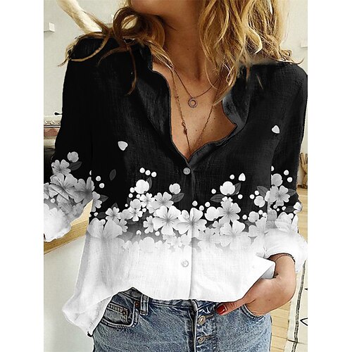 

Women's Blouse Shirt Black Graphic Floral Button Print Long Sleeve Daily Weekend Streetwear Casual Shirt Collar Regular Floral S