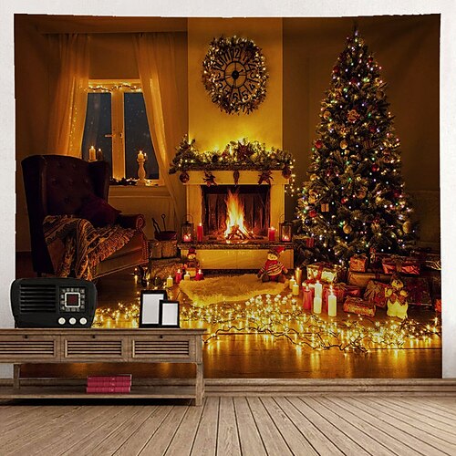 

Christmas Holiday Party Wall Tapestry Art Decor Blanket Photography Background Curtain Hanging Home Bedroom Living Room Decoration Santa Claus Christmas Tree Fireplace Gift Candle