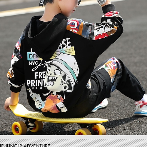  Boys 3D Letter Hoodie & Sweatpants Set Tracksuits Long Sleeve Fall Cool Street Style Kids 5-13 Years Outdoor Loose Fit