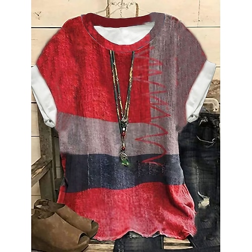 

Mujer Talla extra Tops Camiseta Bloque de color Estampado Manga Corta Cuello redondo Básico Ropa de calle Diario Deportes Jersey de algodón spandex Primavera Verano Rojo / Talla Grande / Talla Grande