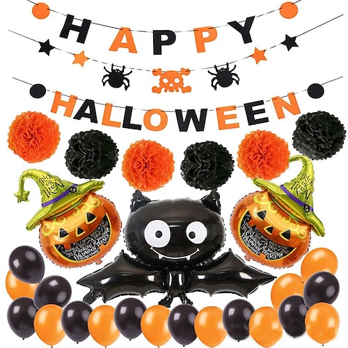 

Halloween Balloon Set Halloween Alphabet Flag Banner Bat Pumpkin Aluminum Balloon Paper Drawing Decoration