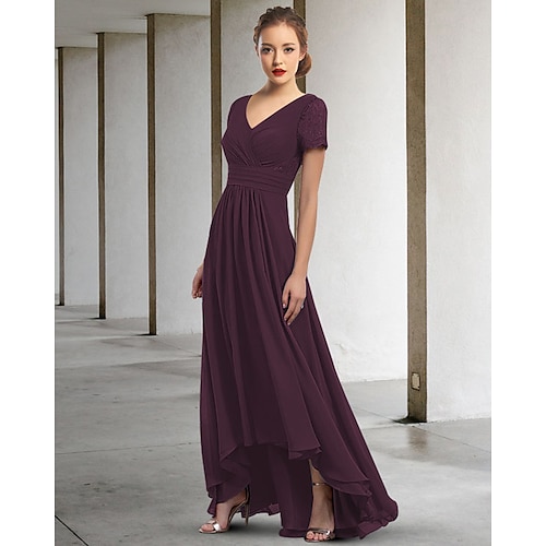 

A-Line Mother of the Bride Dress Elegant V Neck Asymmetrical Floor Length Chiffon Short Sleeve with Pleats Ruched 2022