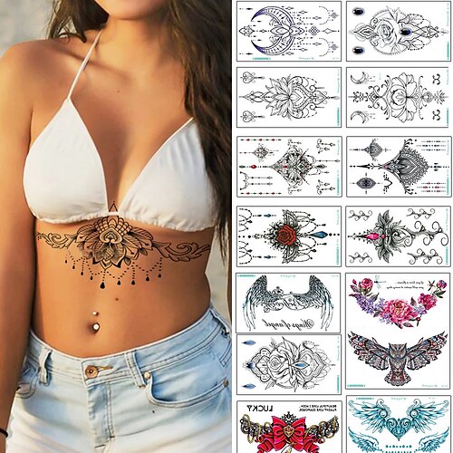 

15 pcs Chest Body Tattoo Temporary Waterproof Jewelry Lace Totem Lotus Mandala tatto Decal Waist Art Tatoo Sticker Women