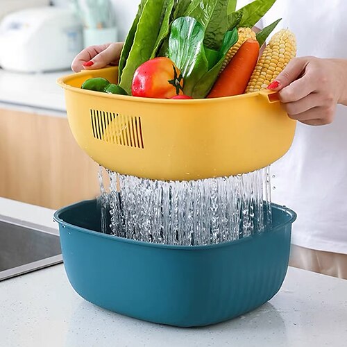 

Creative Multifunctional Drain Basket Double Layer Home Kitchen Fruit And Vegetable Washing Basin Round Fruit Basket Plastic Vegetable Washing Basket Salad Vegetable Basin