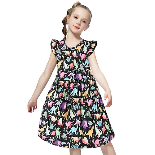 

Kids Girls' Dress Dinosaur A Line Dress Midi Dress Vacation Ruffle Sleeveless Cute Dress 2-6 Years Summer Black