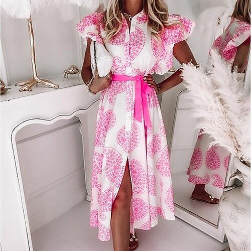 

Women's A Line Dress Midi Dress Black Pink Fuchsia Short Sleeve Floral Split Print Summer Shirt Collar Casual 2022 S M L XL XXL