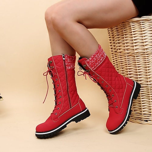 

Women's Boots Snow Boots Outdoor Daily Mid Calf Boots Winter Lace-up Flat Heel Round Toe Casual Zipper Solid Color Black Red Purple