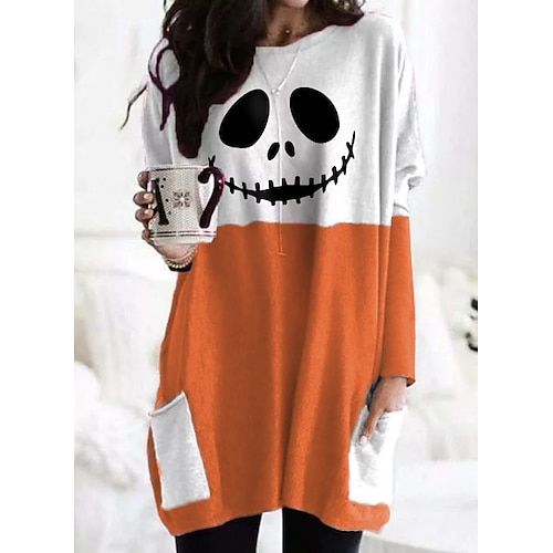 

Women's T shirt Tee Plaid Color Block Pumpkin Halloween Weekend Abstract Painting T shirt Tee Long Sleeve Pocket Print Round Neck Basic Essential Halloween Black Gray Wine S / 3D Print