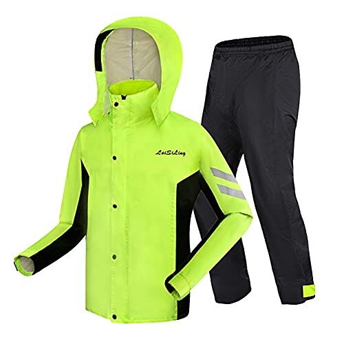 

rain coat pants set men women waterproof jacket cycling ponchos breathable lightweight reflective with double brim,green,m