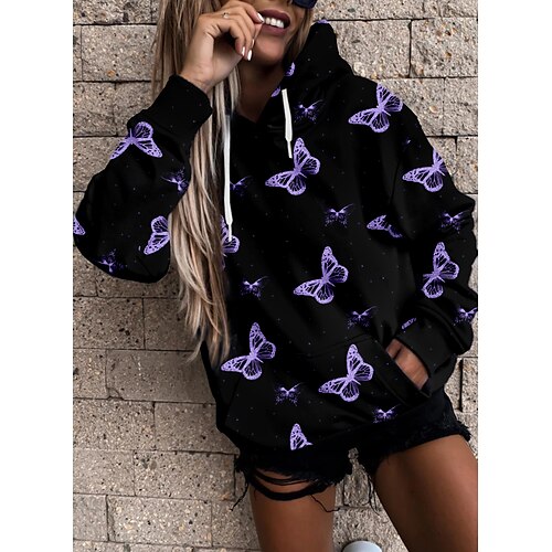 

Sweat à capuche Sweat shirt Sweat Femme Actif Vêtement de rue Poche avant Imprimer Rose Claire Bleu Violet Animal Papillon du quotidien Capuche manche longue S M L XL XXL