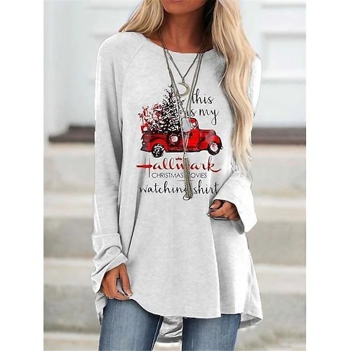 

Women's T shirt Christmas Tree Letter Round Neck Basic Tops Gray White / 3D Print