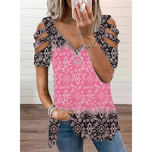

Women's Blouse Shirt Eyelet top Green Purple Pink Snowflake Quarter Zip Short Sleeve Daily Basic V Neck Boho S