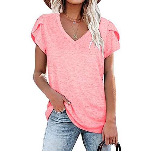 

sports tops for women v neck summer petal sleeve casual tshirts v-neck red xl