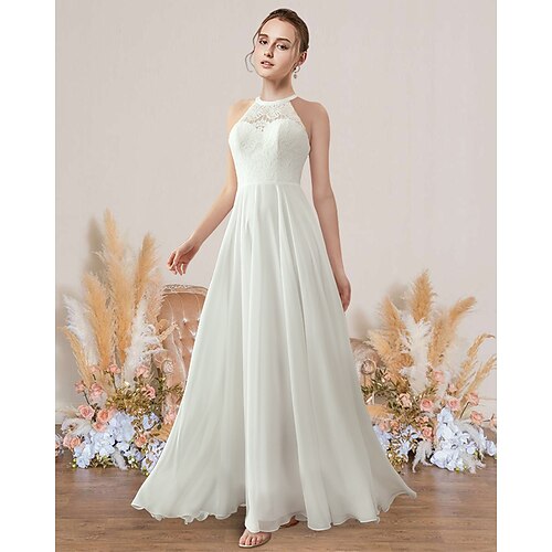 

A-Line Wedding Dresses Jewel Neck Floor Length Chiffon Lace Sleeveless Romance Beach with Pleats 2022