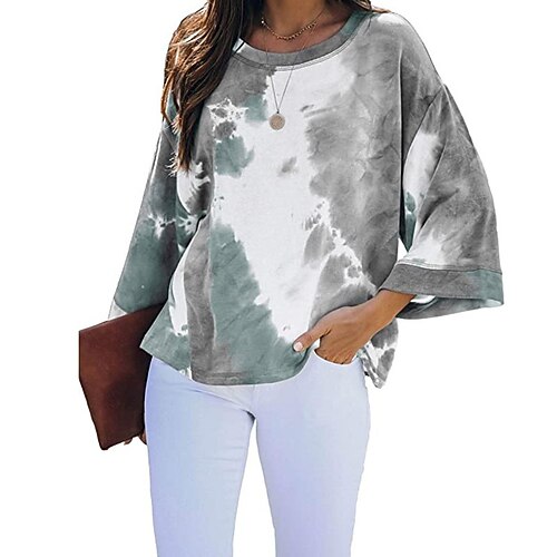 

Women's Casual Weekend T shirt Tee Tie Dye Long Sleeve Print Round Neck Basic Tops Blue Gray S