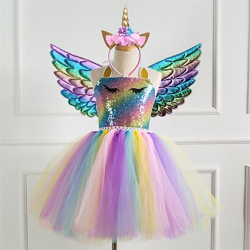 Kids Little Girls' Dress 2-8 Years Unicorn Princess Rainbow Colorful Party Tutu Birthday Dresses With Wing and Headband Sequins Halter Purple Gold Silver Cute Dresses, lightinthebox  - buy with discount