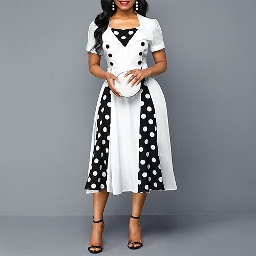 

Robe mi-longue Femme Robe de travail Manche Courte Printemps Eté - à la mode Elégant Moderne Patchwork Bouton Pois Col Carré Coton 2023 Blanche S M L XL XXL XXXL 4XL