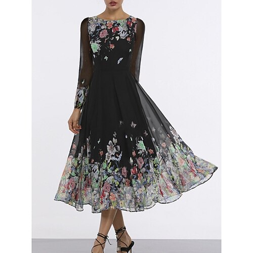 

Dame Hverdagskjole Swing Kjole Lang kjole Maxikjole Sort Langærmet Blomstret Flerlags Forår Efterår Rund hals Elegant Fest Vinter kjole Bryllupsgæst Tynd 2023 S M L XL XXL XXXL