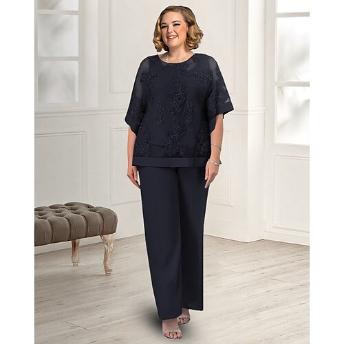 

Pantsuit 3 Piece Suit Mother of the Bride Dress Plus Size Elegant Jewel Neck Floor Length Chiffon Lace Short Sleeve with Pleats Appliques 2022