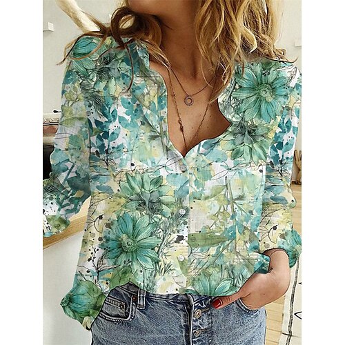 

Women's Blouse Shirt Green Graphic Floral Button Print Long Sleeve Daily Weekend Basic Shirt Collar Regular Floral S